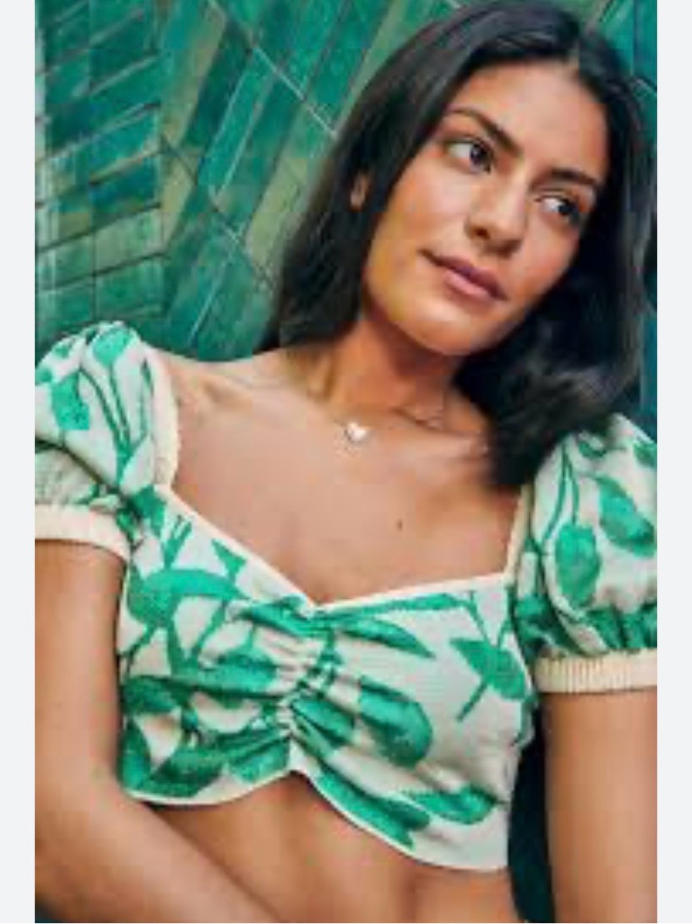 Zara green leaf print puff sleeve embroidered boho crop top in size Small